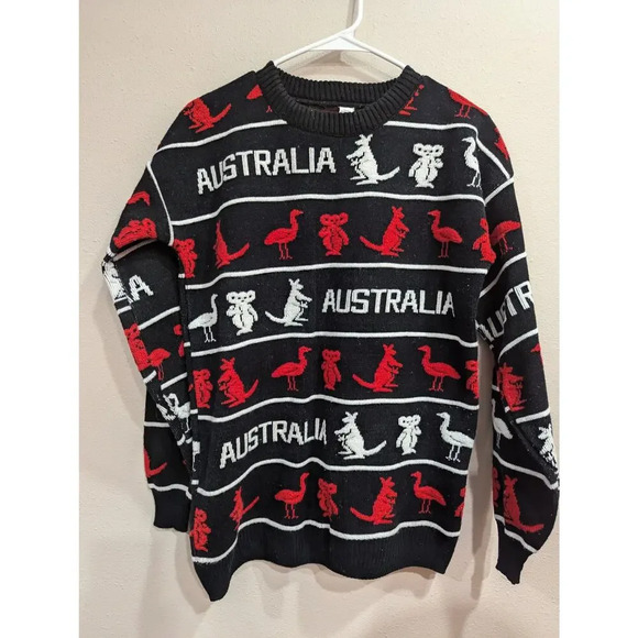Unisex Australia sweater with koala, emu, & kangaroo pattern, black red & white - Picture 1 of 3